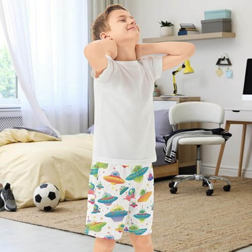 Boys Athletic Shorts with Pockets Cute Green Alien Running Basketball Shorts for Youth Elastic Waist Size 7-83