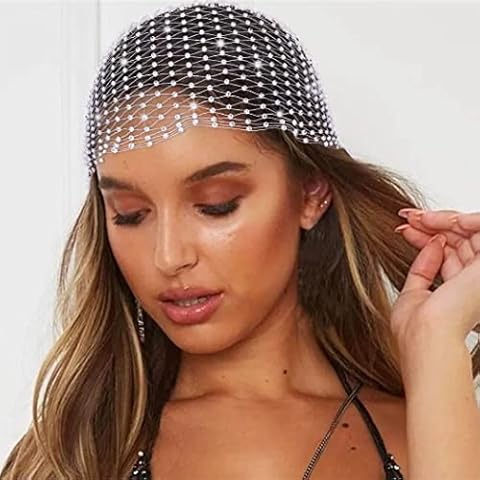 JEAIRTS Rhinestone Head Scarf Sparkly Mesh Headband Stretchy Crystal Nightclub Headwrap Rave Hair Accessories for Women (2-White, Free Size) Cover