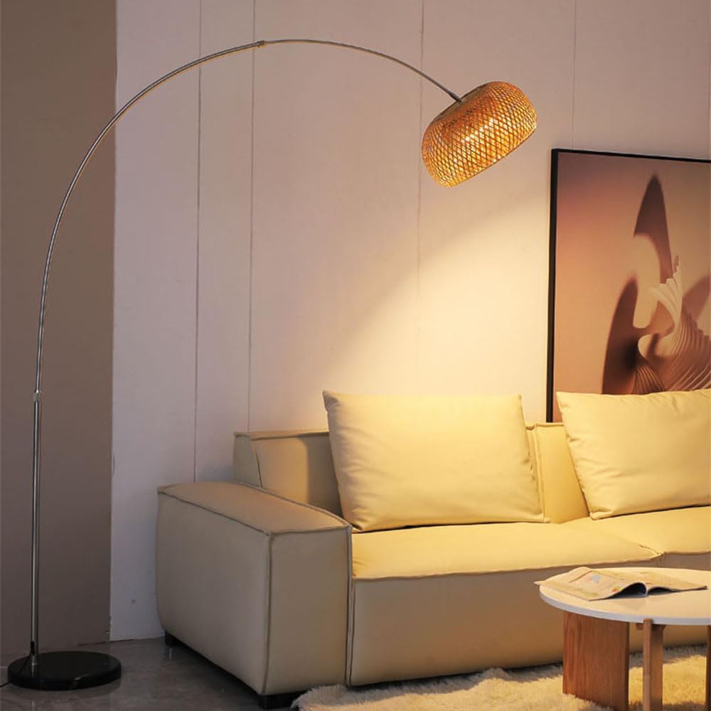 LITFAD Asian Arced Floor Lamp with Bamboo-Woven Shade and Stainless Steel Lamp Body Standing Floor Light for Living Room Bedroom Study Room Hotel - 110V-120V 15"
