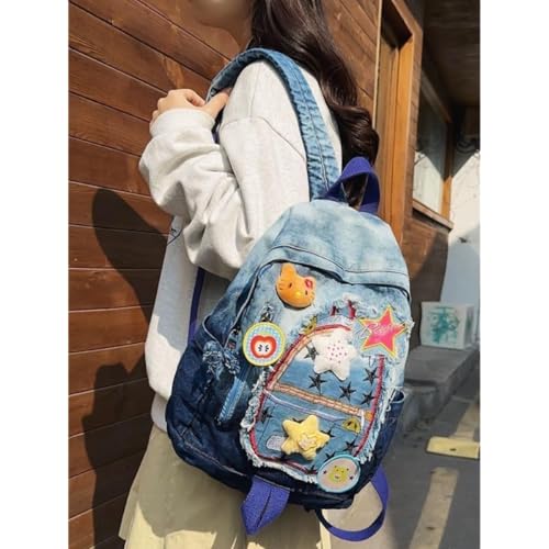 Y2K Denim Backpack with Plushies and Patches Cute Preppy Blue Denim Backpack for Women 14 Laptop Compatible Multi-Sport Star Theme2