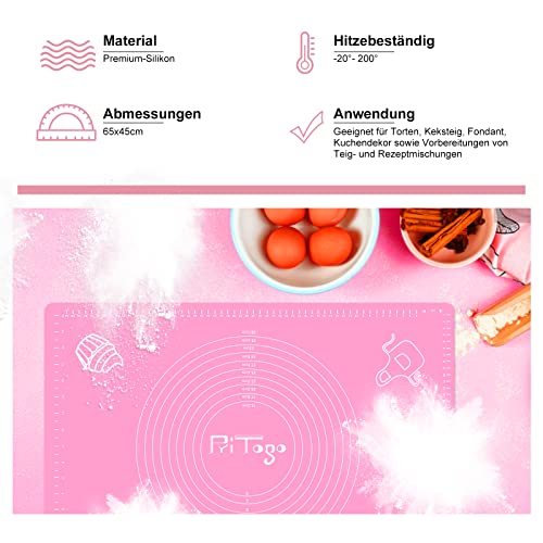 Foto von Pritogo Backmatte (65 x 45 cm Rosa) Silikonmatte mit Skala Backunterlage Teigmatte Rollmatte - Antihaft extra stabil rutschfest