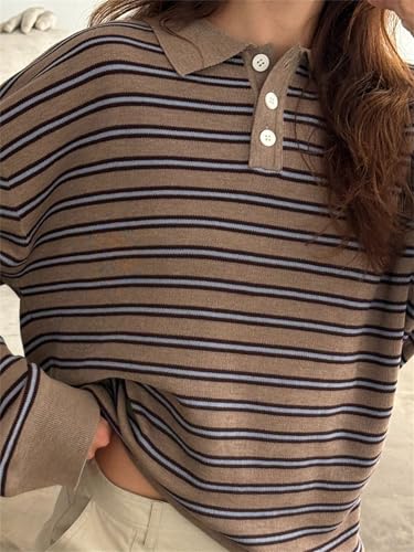 Women Oversied Stripd Rugby Shirt Y2k Long Sleeve Button Collared Preppy Polo Sweater Vintage Aesthetic Streetwear4