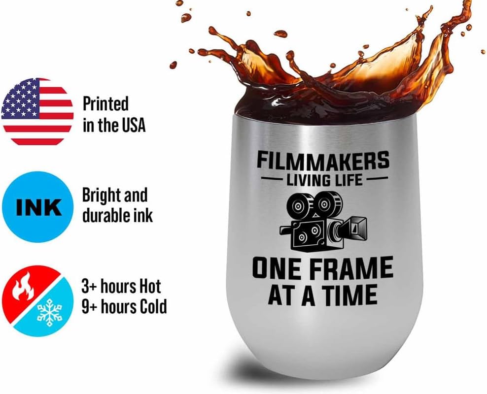 Filmmaker Silver Edition Wine Tumbler 12oz - Filmmakers Living life - Filmmaker Gifts Camera Lens Cut Prop Director Movie Film Scriptwriter image 3