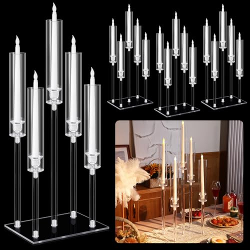 Hushee 4 Set 5 Arms Acrylic Candelabras Centerpieces with 20 Pcs LED Candles Clear Candle Holder...