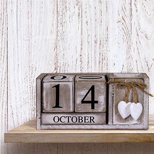 Sohler By Eurotrade W Ltd Shabby Chic Rustic Vintage Retro Wooden Perpetual Calendar Date Blocks Heart with Storage Compartment Box