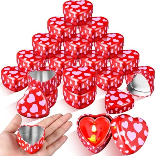 MorningRo 24 Pcs Valentine Heart Candle Tins with Lids Empty Heart Shaped Candle Jars 2 oz Containers Box for DIY Making Candles Valentine Gifts (Red)