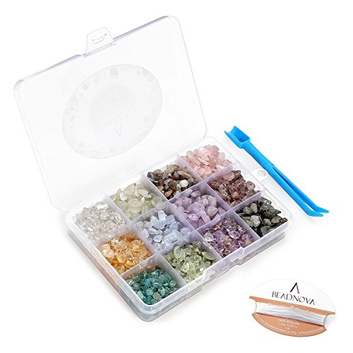 BEADNOVA 5mm-8mm Gemstone Crystal Chips Stone Irregular Shaped Crushed Beads for Jewelry Making (Box Set with 2 Meters Crystal Stretch Cord and Handy Tool), Set 4