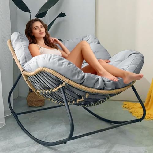Mecedora de patio, cómoda silla Papasan de mimbre, silla de huevo para exteriores con cojín grueso suave para uso en interiores y exteriores, ideal para sala de estar, dormitorio y sala de lectura