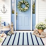 Moucuny Summer Striped Rug, 28'' x 43'' Coastal Navigation Theme Blue and White Rug Outdoor Front Porch Door Mat Welcome Layering Rustic Washable Doormat for Entryway Farmhouse Decor