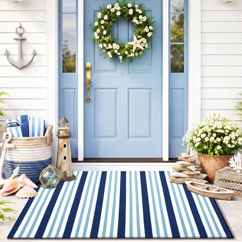 Moucuny Blue and White Striped Rug 24 x 37 Coastal Navigation Theme Summer Rug Outdoor Front Porch Door Mat Welcome Layering Rustic Washable Doormat for Entryway Farmhouse Decor