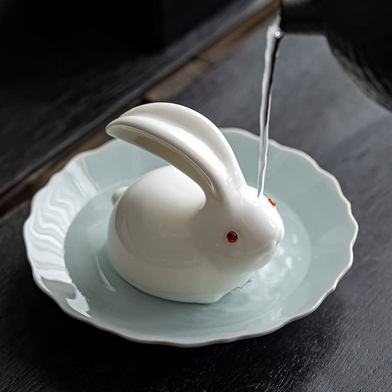 Sheep Fat Jade Rabbit Tea Pet Cute Funny White Ceramic Bunny Tea  Accessories Lazy Kung Fu Tea Sets For Tea Lovers Home Car Shelves Decor