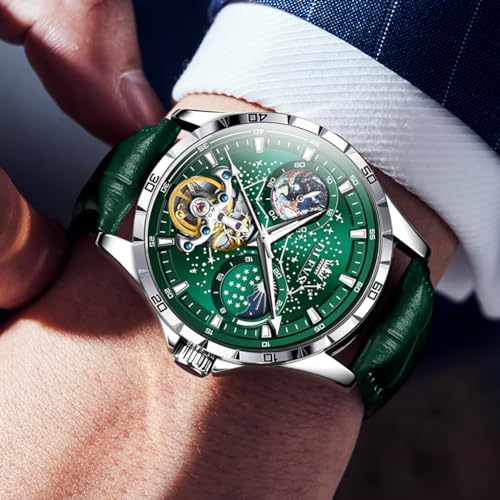 OLEVS Mens Leather Watches Automatic Mechanical Skeleton Tourbillon Diamond Luxury Self Winding Dress Wrist Watches Moon Phase Waterproof Luminous3