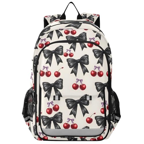 Cream Black Ribbon Bow Red Cherry Laptop Backpack Purse for Women Men School Bag 17 Inch Bookbag Student Boys Girls Travel Casual Daypack