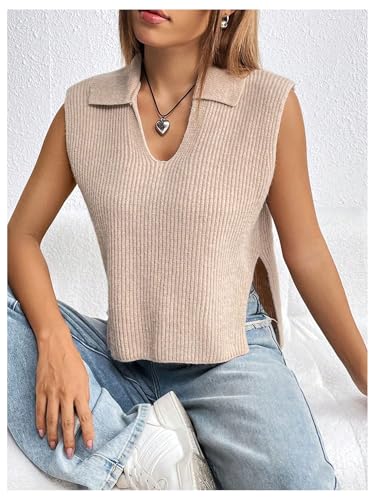 Image of MakeMeChic Women's Sweater Vest Collar V Neck Knit Sleeveless Summer Tank Tops Vest Tops Khaki Small