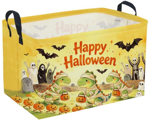 Image of Sanjiaofeng Rectangular Cute Dinosaur Halloween Baskets,Waterproof Foldable Dinosaurs Basket with Handles,Nursery Hamper,Home Organizer,Books Box,Gift Baskets(Belted Dinosaur)