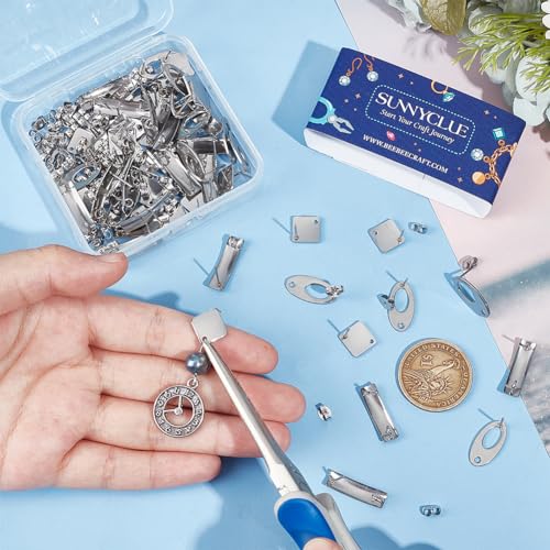 SUNNYCLUE 72Pcs Geometric Earring Posts Stainless Steel Earrings Post Findings Flat Square Rhombus Oval Silver Ear Backs Stud Supplies with Hole for DIY Ears jewellery Making Crafting Accessories - Image 3