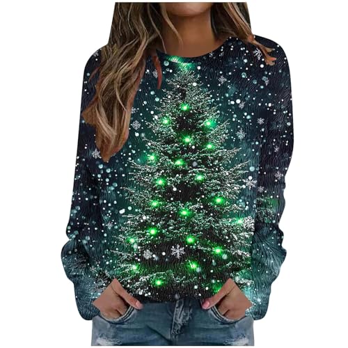 Sudadera de manga larga con estampado de árbol de Navidad para mujer, sudadera de Navidad de manga larga, túnica de Navidad, divertida novedad, 7 Verde, XL