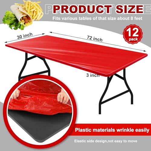 Image of Boao 12 Plastic Elastic Fitted Tablecloths, 6 Ft, 72 x 30 Inch, Red