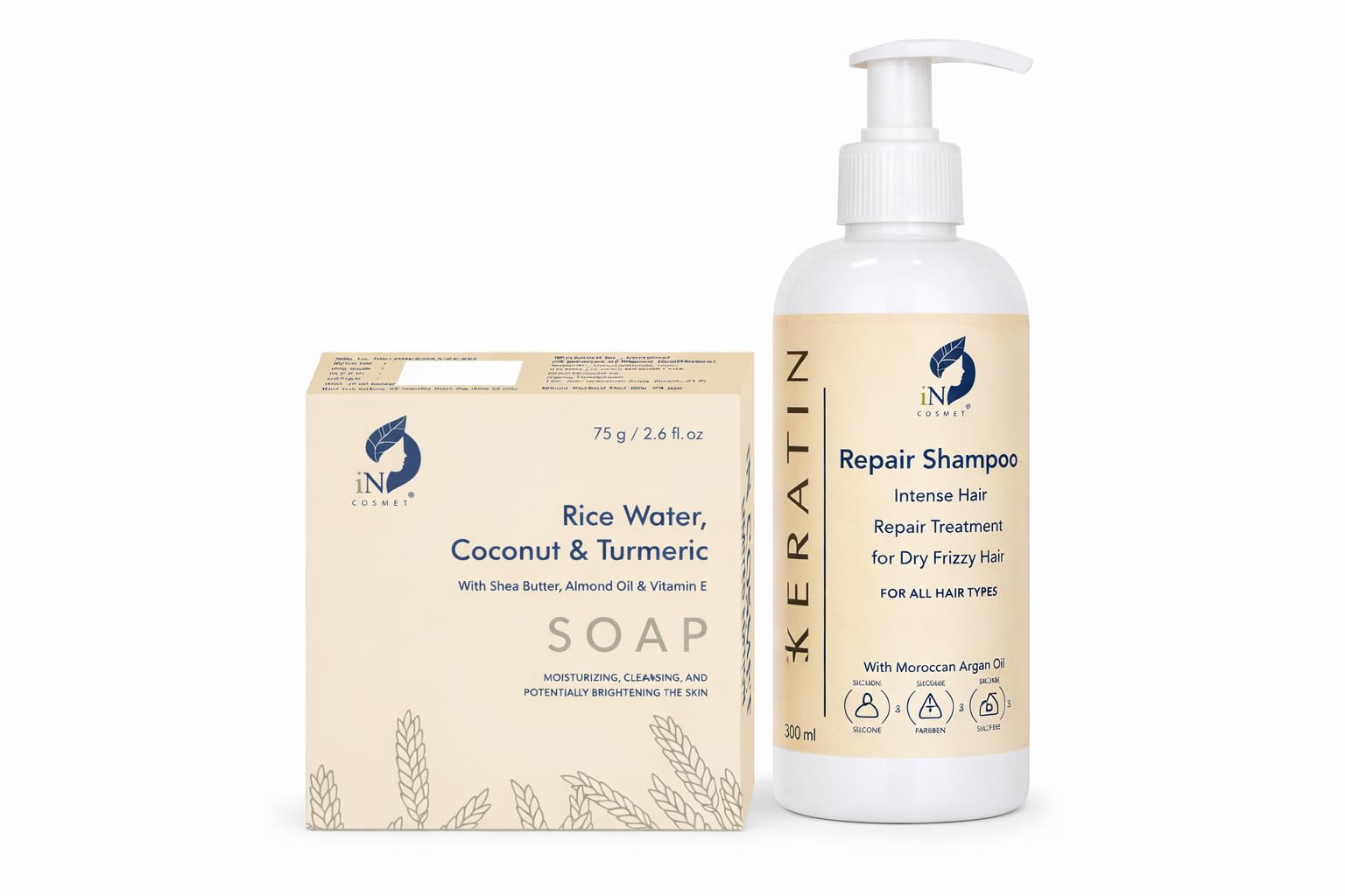 Hair Repair & Skin Glow Combo | Keratin Shampoo 300ml + Rice Water Turmeric Soap 75g | Nourishing Argan Oil & Shea Butter-image-9