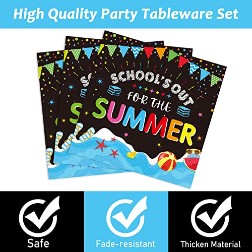 Image of 96 Pieces End of School Year Theme Tableware Set for Kids Class Summer Table Decorations Supplies School's Out Dessert Plates Napkins Forks for 24 Guests Tropical Beach Pool Disposable Party Favors
