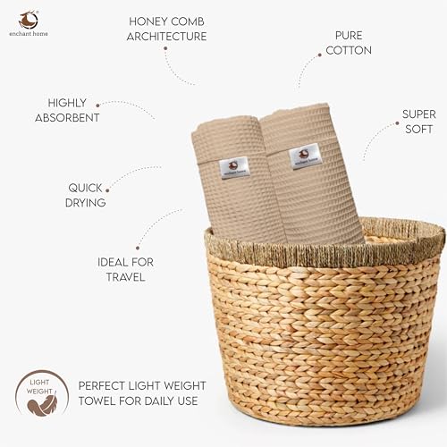 Image of Pure Cotton Waffle Towel | Lightweight | Anti Microbial and Water Absorbent | Soft Touch Quick Drying Hand Towels (Beige, Pack of 4)