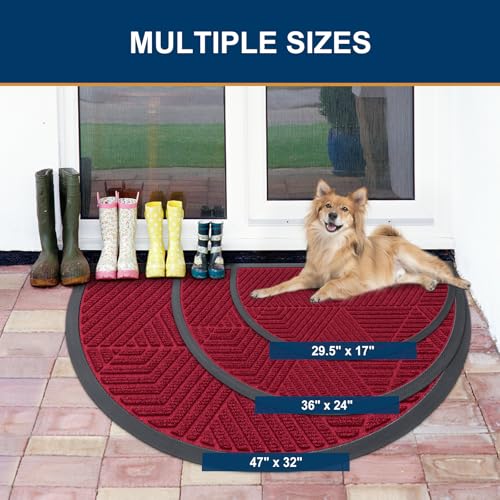 Image of Smiry Half Circle Front Door Mat Outside Entrance, Heavy Duty Sturdy Natural Rubber Doormat, Trap Dirt and Moisture, Low Profile Mats for Indoor Outdoor Entry, Irregular Triangle (29.5x17, Wine Red)