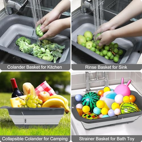 Image of KRESHU Over The Sink Collapsible Colander Silicone Strainer Basket | Wash Vegetables and Fruits, Drain Cooked Pasta | Adjustable Silicone Sink Strainer 51x26x12.5cm (Pack of 1)