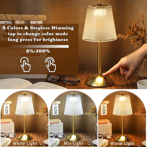 Image of Liliful 2 Pcs Cordless Table Lamp Rechargeable Touch LED Small Gold Portable Battery Operated USB-c Desk Lamp 3 Color Dimmable for Bedroom Living Room Dining (Gold,Retro Style)