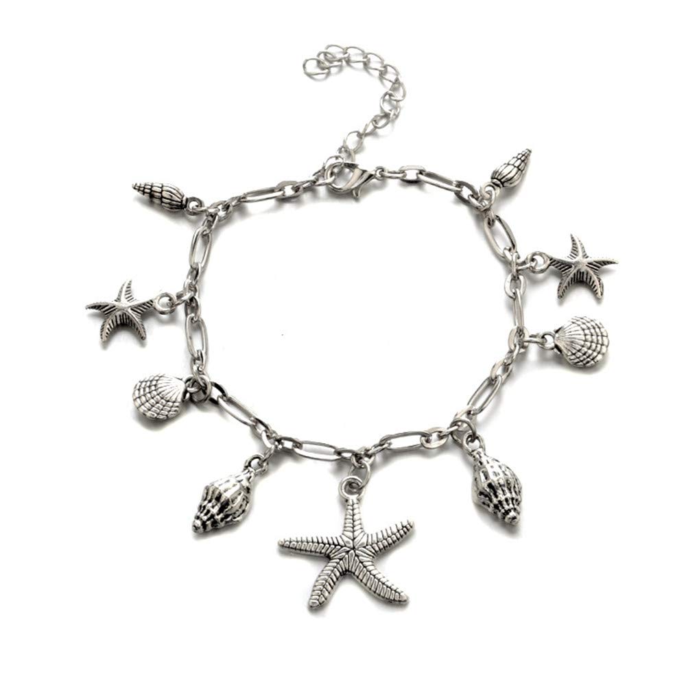Tobillera De Playa De Verano, Tobillera De Cadena Plateada Vintage Bohemia con Colgante De Concha De Vieira De Estrella De Mar, Sandalia De Playa Encantadora De,
