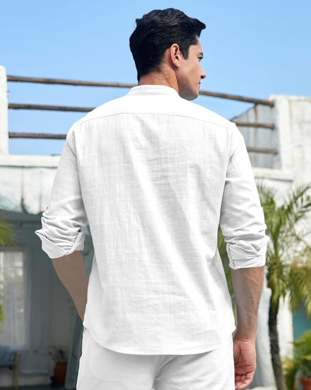 Image of FINIVO FASHION Men's Cotton Blend Short Kurta Shirt | Casual Ethnic Wear with Roll-Up Sleeves & Mandarin Collar | Comfortable Fit Tunic for Festive, & Summer Outings