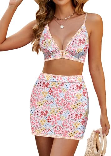 ZAFUL Women's High Waisted Bikini Sets Tummy Control Swim Skirt Color Block String Swimsuit Curvy Bathing Suits