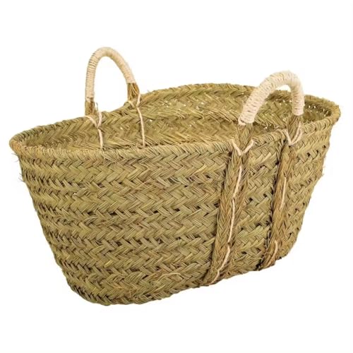 Cesto de Esparto Natural, Ovalado con Asas de Pita, Leñero Decorativo para Chimenea (55 * 50 * 35)