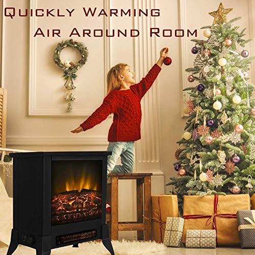 Festival Depot Freestanding Electric Fireplace 1400W Realistic Log Flame Stove Portable Space Heater FireBox Thermostat Control Office Home Living Room Apartment Use Steel Overheat Protect (14“)