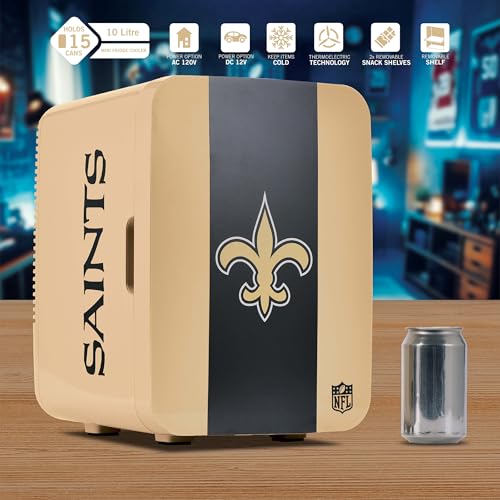 Image of Ukonic NFL New Orleans Saints 15-Can Mini Fridge 10L - AC /DC Powered, Official Team Colors & Logo, Portable Cooler for Tailgates, Home, Office, or Car