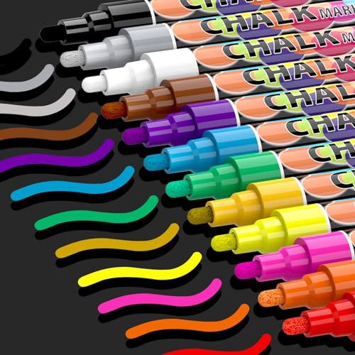 Khazna Liquid ChalkMarkers 12 Colors Neon Wet Erasable Chalk Pens for Chalkboard Signs Car Window Mirror Glass Chalk Board Markers Pens with Reversible Broad Tip School Office Supplies