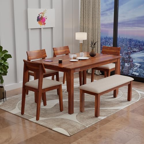 Image of DRIFTINGWOOD Liana 6-Seater Dining Table Set � Sheesham Wood Natural Honey Finish with Table, 4 Cushioned Chairs & Bench - Ideal for Kitchen & Living Room - Assembly Required