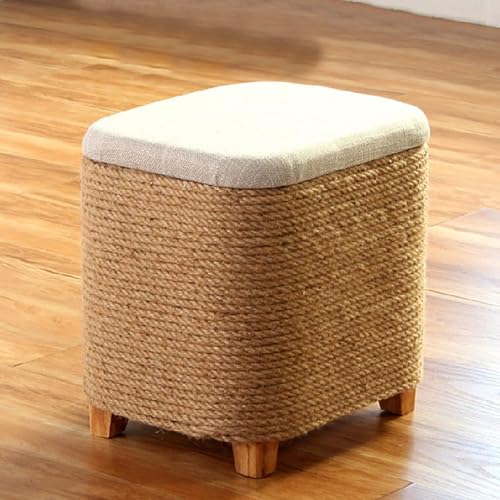 Asiento de lino otomano de almacenamiento que ahorra espacio, taburete de gran capacidad para sala de estar, dormitorio, taburete de almacenamiento hecho a mano de ratán natural, 37 x 30 x 37 cm