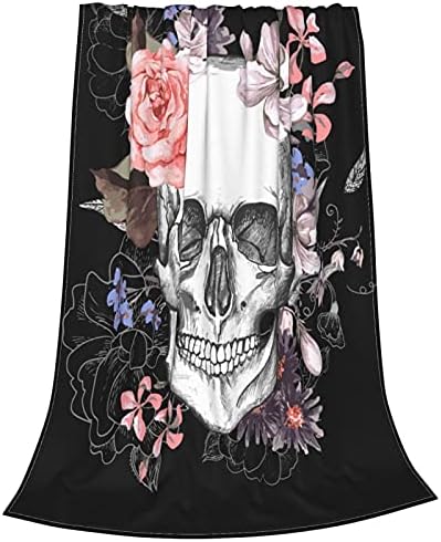 Gothic Skull with Flowers Fleece Throw Blanket Soft Lightweight Warm Cozy Plush Blanket for Couch Bed Sofa 80"X60"
