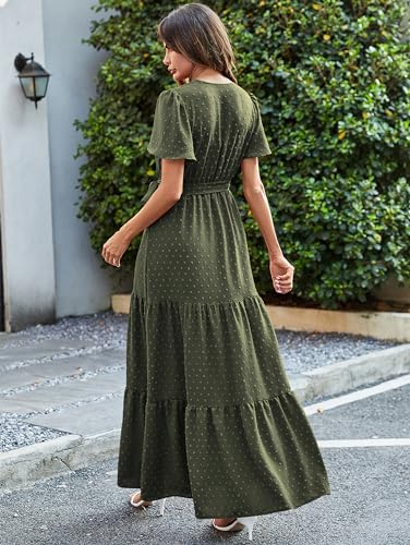 Image of MASCOMODA Women Boho Swiss Dot Maxi Dresses Wrap V Neck Flutter Short Sleeve Solid Tie Waist A Line Tiered Flowy Long Dresses