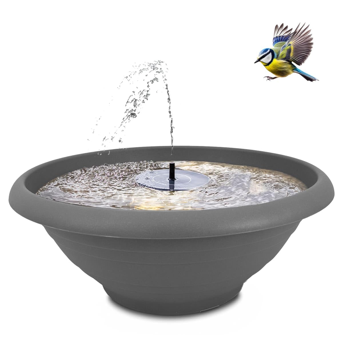Matches21 Home & Hobby Grey Xl Solar Fountain Set, 55 Cm Bowl With Floating Solar Fountain - Outdoor Water Feature For Garden, Balcony Bird Bath