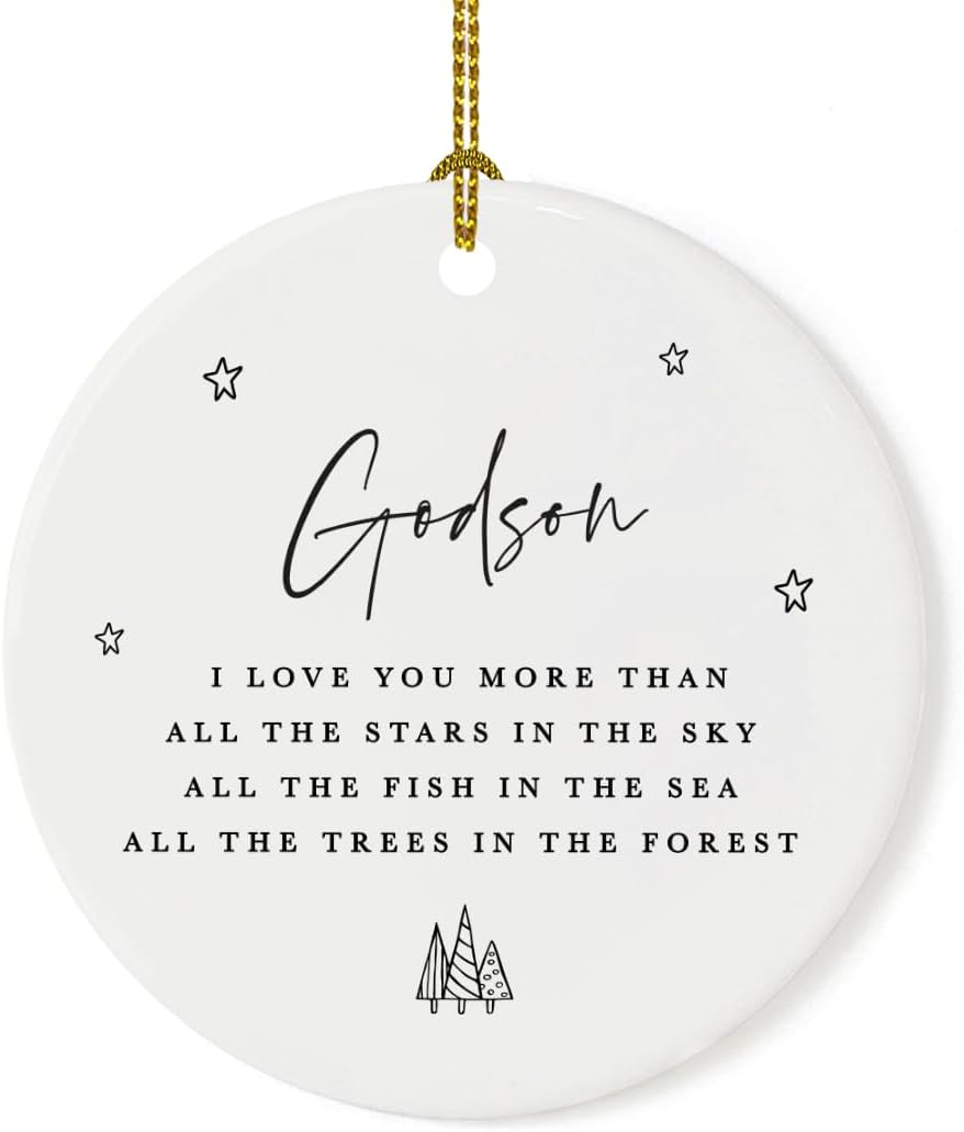 Andaz Press Round Ceramic Porcelain Christmas Tree Ornament, Godson, I Love You More Than All The Stars in The Sky, All The Fish in The Sea, 1-Pack Godson Ornament 2025
