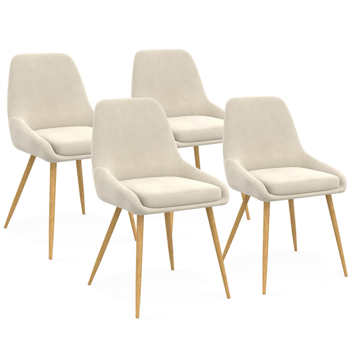 IDMarket THALYA - Juego de 4 sillas de comedor de terciopelo beige y patas efecto madera con reposabrazos