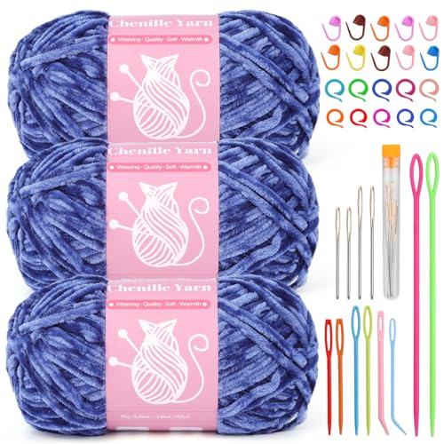 Image of LUNARM Chenille Velvet Yarn for Crocheting Knitting, 3 Pack of 100g /3.5oz Velvet Yarn for Crocheting & Knitting, 486 Yard Soft Yarn for Making Creations & Crochet & More (Denim Blue)