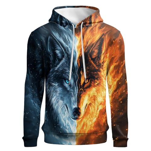 COTAIL Unisex Hoodies 3D Print Hoodie Graphic Pullover Hooded Sweatshirt Novelty Hoodies With Big Pockets for Men Women Teen Boy (Fire Ice Wolf 2XL)