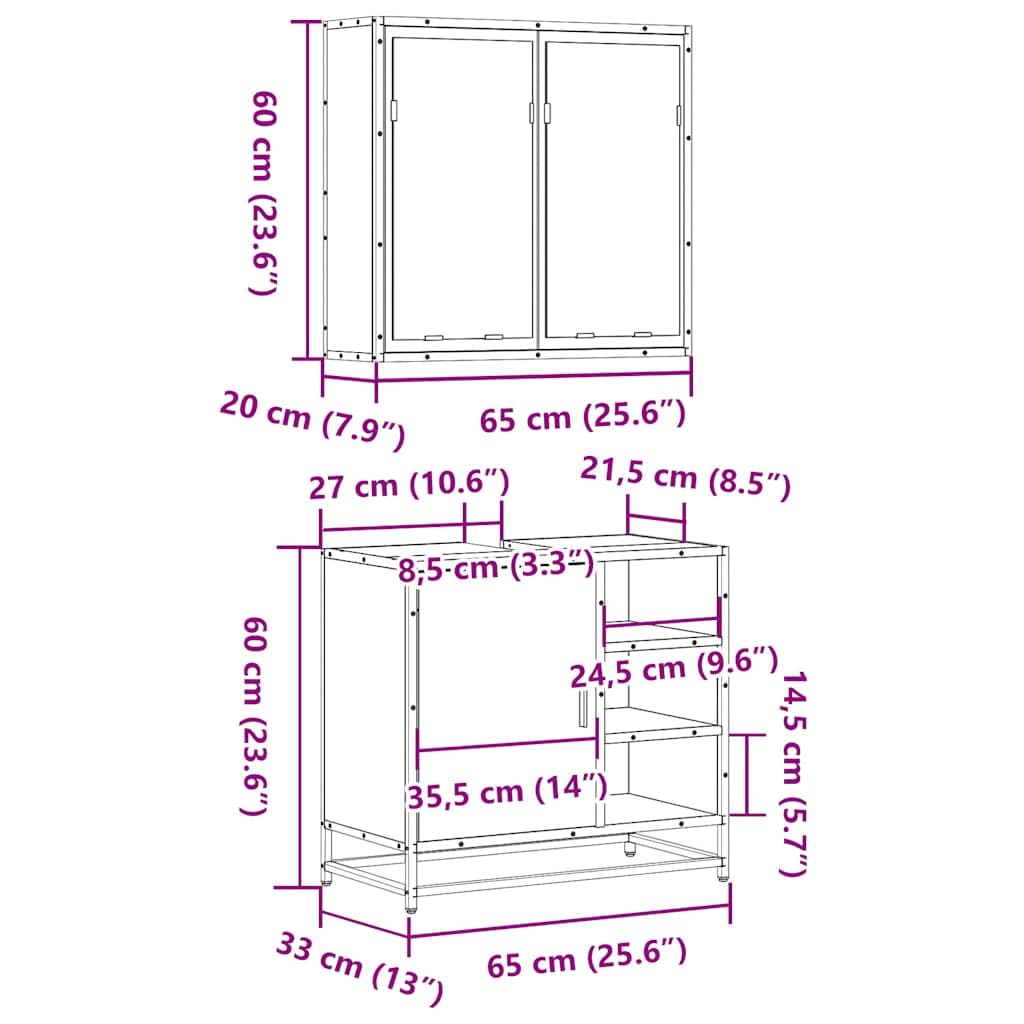 2-częściowy zestaw mebli łazienkowych, dąb Sonoma, materiał drewnopochodny z szafką pod umywalkę i szafką z lustrem 65 x 60 x 33 cm, miejsce do przechowywania dla gości, WC i łazienki, wiszące