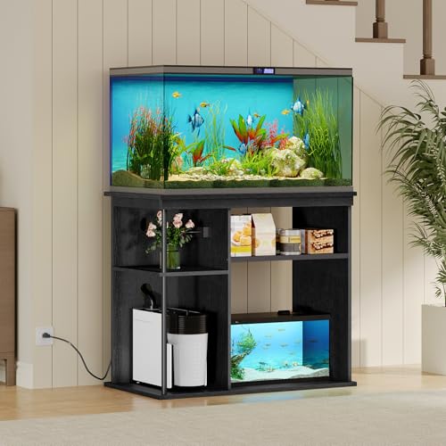 MAHANCRIS 40-50 Gallon Fish Tank Stand with Power Outlet, Wooden Aquarium Stand with Filter Storage, Heavy-Duty Reptile Tank Stand with 3-Tier Storage Shelves, 36.2" L x 19.7" W x 31.7" H, Black