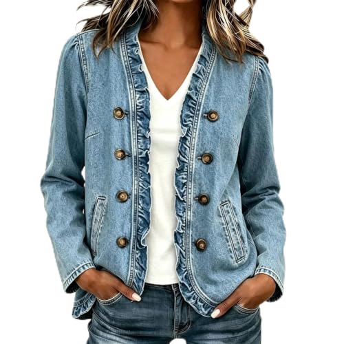 TANGNADE Jean Jacket Women Fall Vintage Open Front Ruffled Denim Jackets - image 1