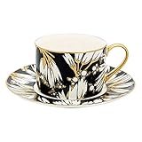 GreenGate - Cup & Saucer - Florette Black - Tasse mit Untertasse/Kaffeetasse/Teetasse - New Bone China Porzellan - Schwarz/Weiß/Gold - Ø 16cm / H: 7cm