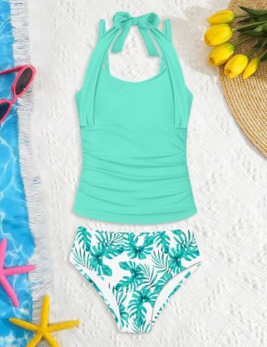 Image of Girls Swimsuit 2 Piece Halterneck Cross Straps Girls Tankini Top Drawstring Prints Shorts Bathing Suit for Teens 9-16Y