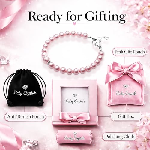 Image of Baby Crystals Sterling Silver Pink Pearl Bracelet for Baby Girls I Newborn, Infant Baby Girl Gifts, Toddler, Teen, Mommy I Birthday Gift I Children's Jewelry I Womens Bracelets for Girls